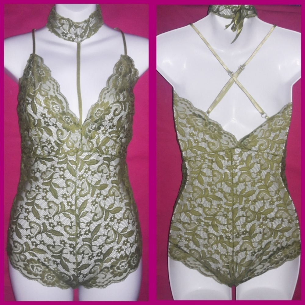 Sheer Green Lace Stretchy Harness Bodysuit Romper! - Picture 2 of 6